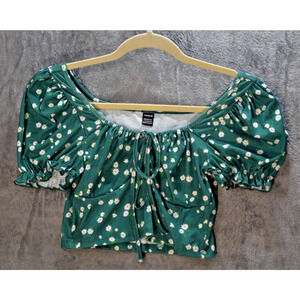 SHEIN Green Floral Puff Sleeve Crop Top Smocked Back Daisy Print XS